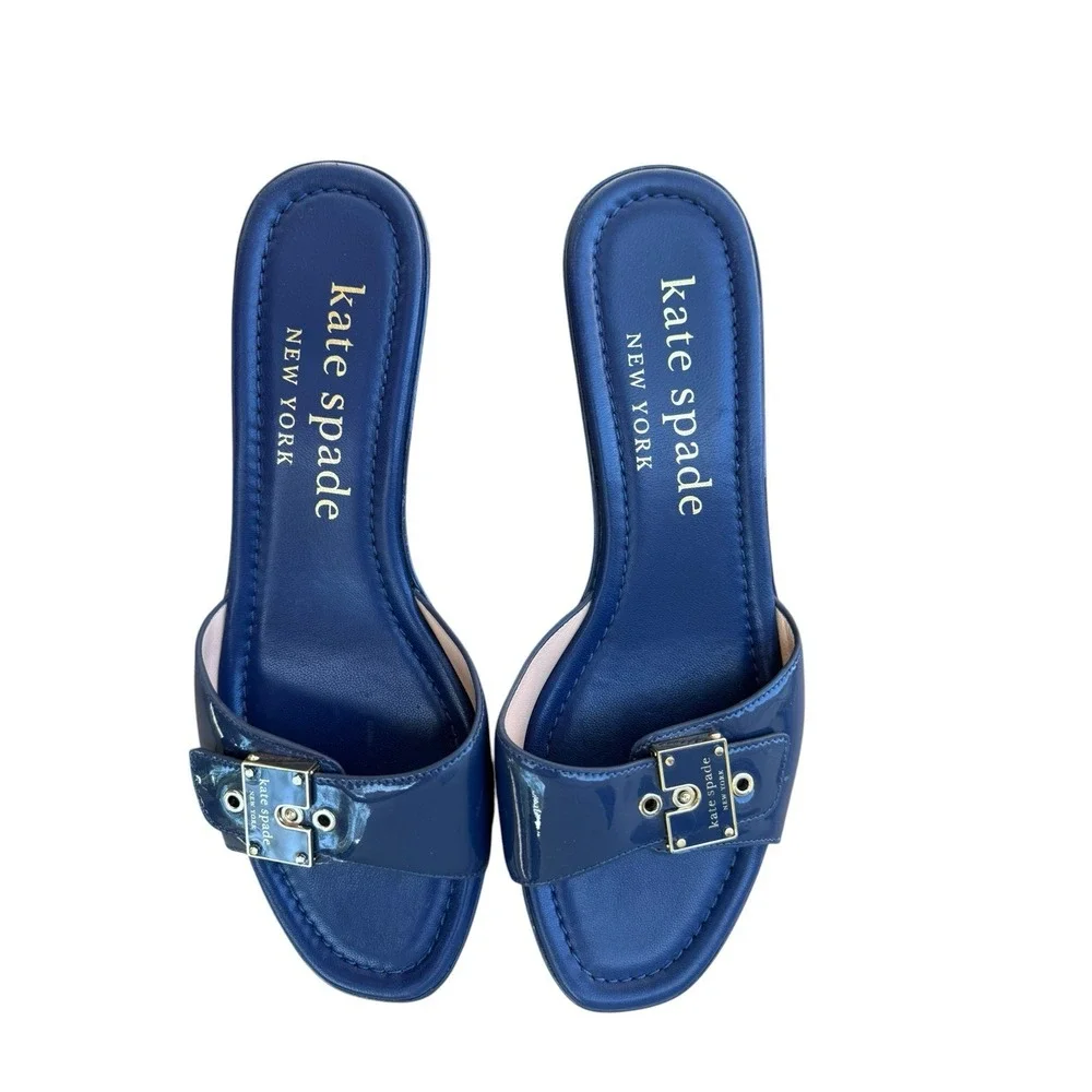 Kate Spade Gazebo Sandals Blue Patent Leather Low Block Heel 9.5B Resortwear